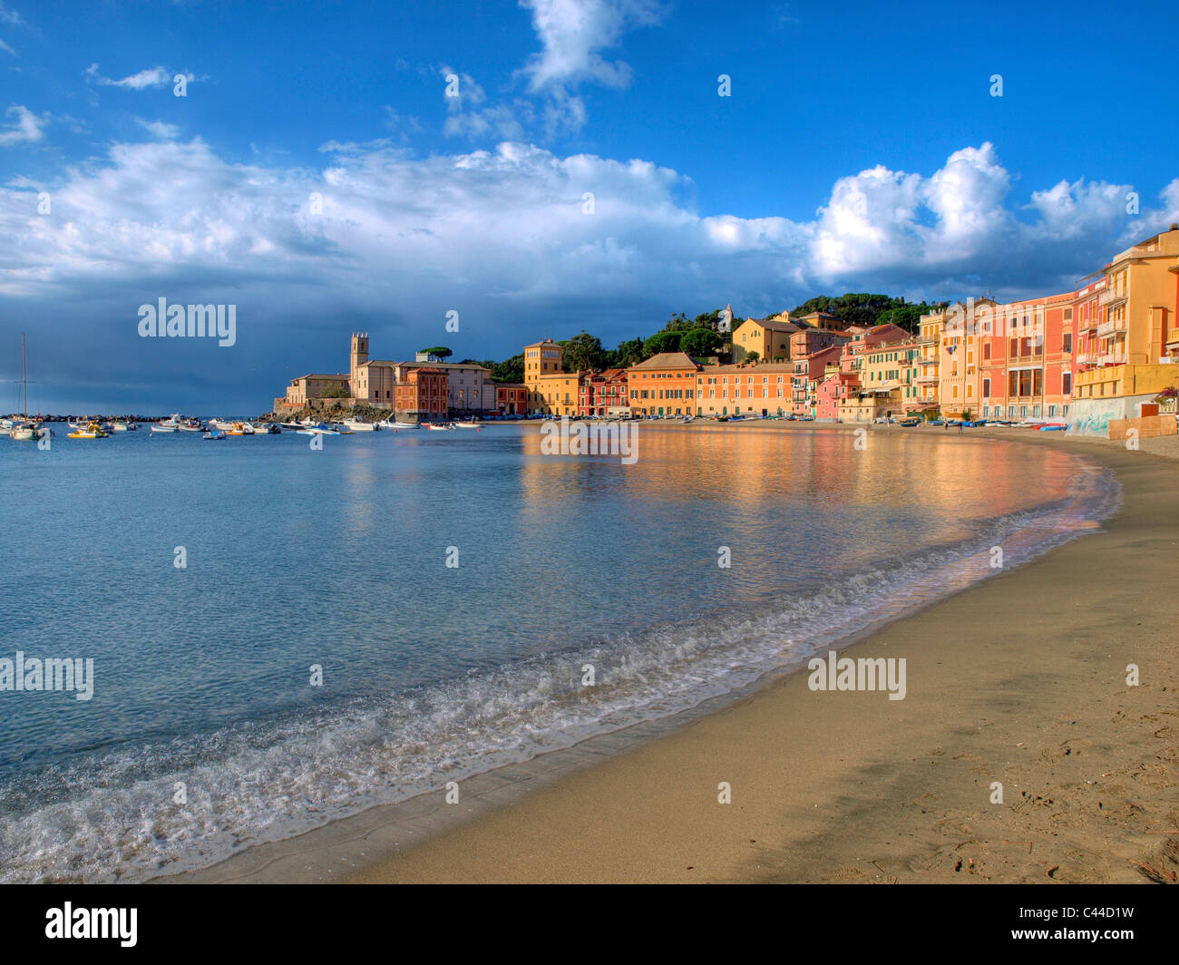 Baia di Silenzio, hotel, Italy, Liguria, ships, beach, seashore, waves, clouds, Sestri Levante, Mediterranean Sea, Stock Photo