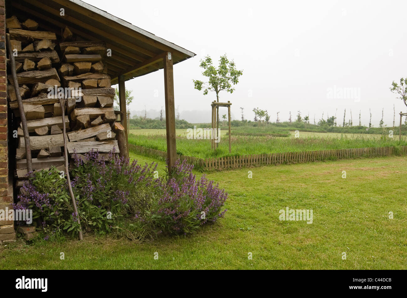 covered woodshed in a country garden in Normandy France on a rainy day