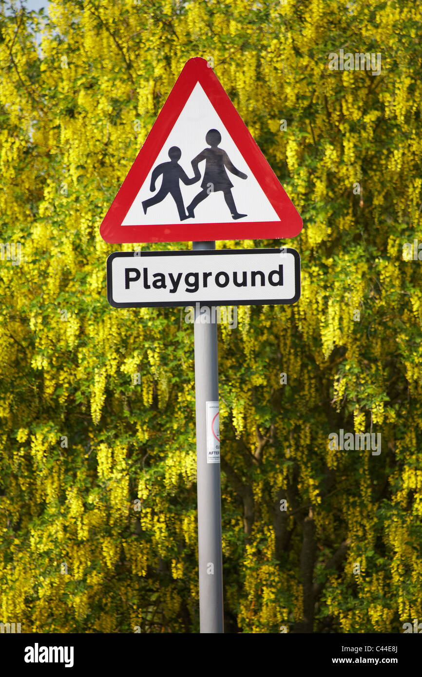 Playground sign, children crossing road sign, in front of colourful yellow laburnum tree at Dorset UK in April Stock Photo