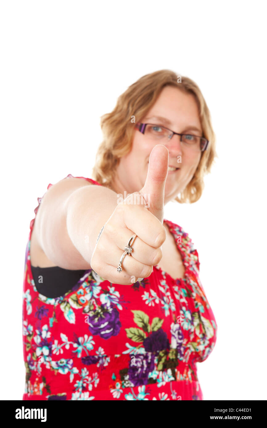 woman with thumbs up over white background Stock Photo