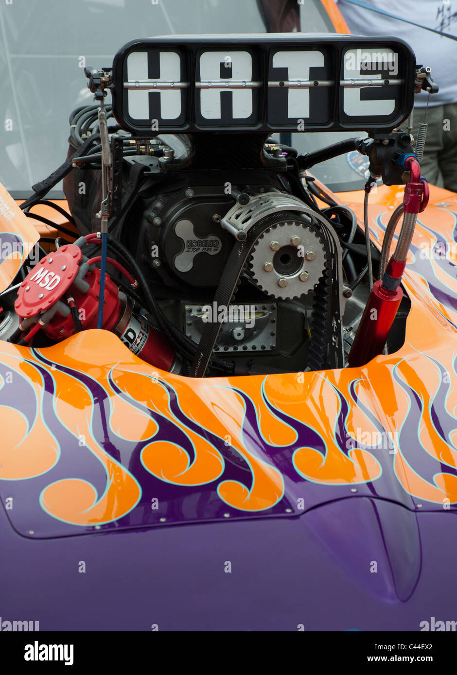 Close up, wide angle view of dragster bonnet showing supercharger air intakes Stock Photo