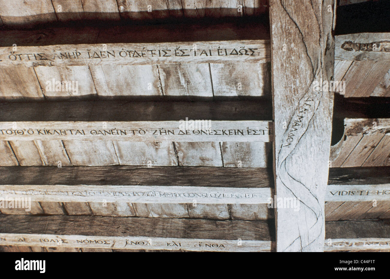 Library of writer and french humanist Michel de Montaigne (1533-1592). Detail of inscriptions in the roof-beam. Stock Photo