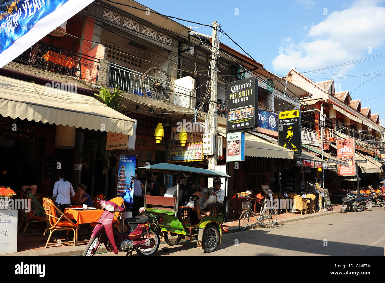 Pub Street roadside cafes and restaurants. Siem Reap, Cambodia. Stock Photo
