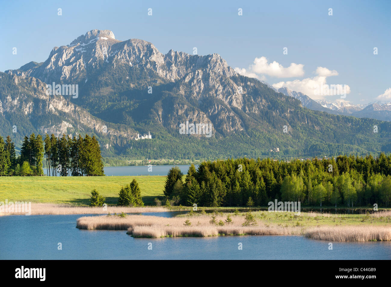 lake Forggensee nearby city Fuessen at alps mountains in Bavaria, Germany with view to caste Neuschwanstein Stock Photo