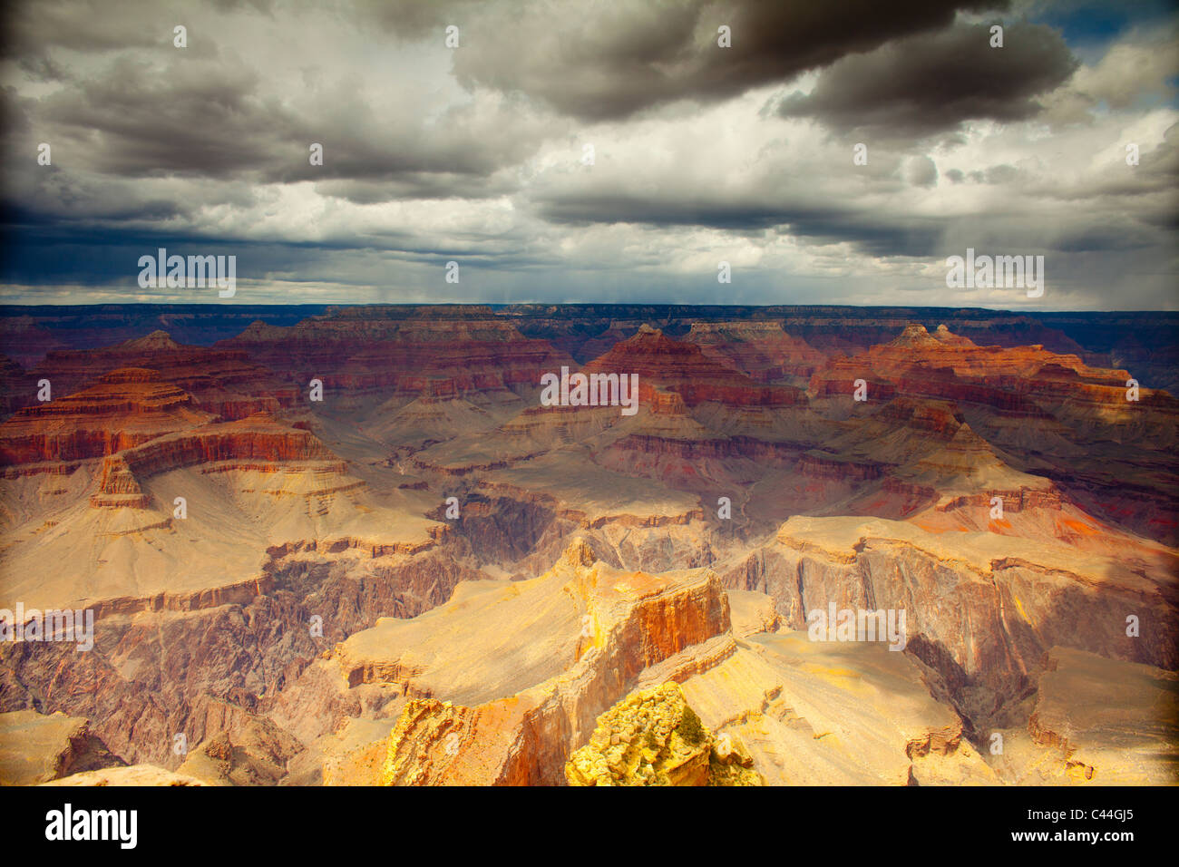 Grand Canyon with storm clouds building in a stormy sky seen from the ...