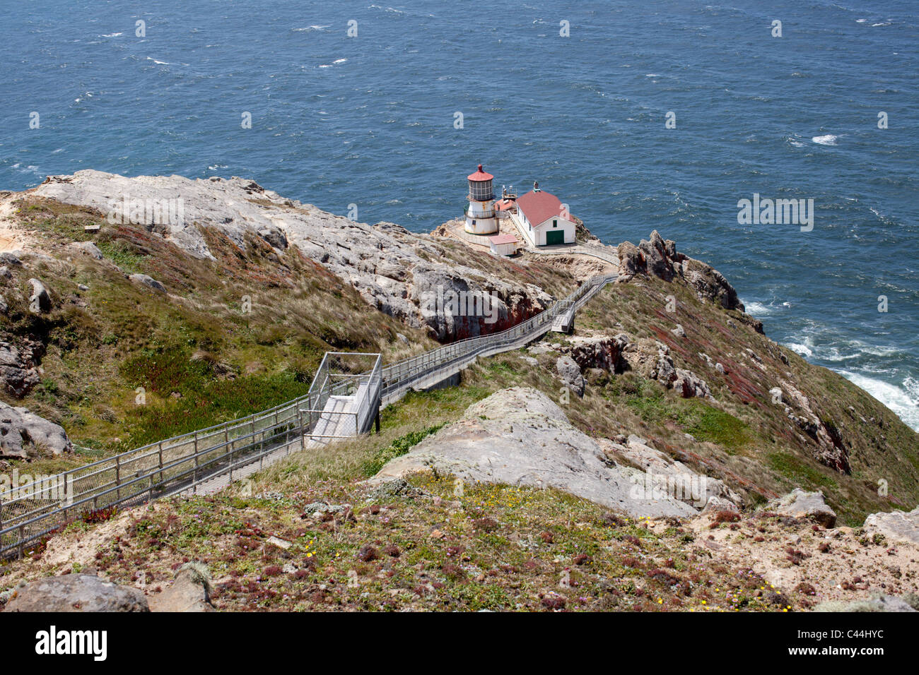 Point Reyes Lighthouse, a light station in the Gulf of Farallones in Marin County, California. It has a beacon and fog horn. Stock Photo