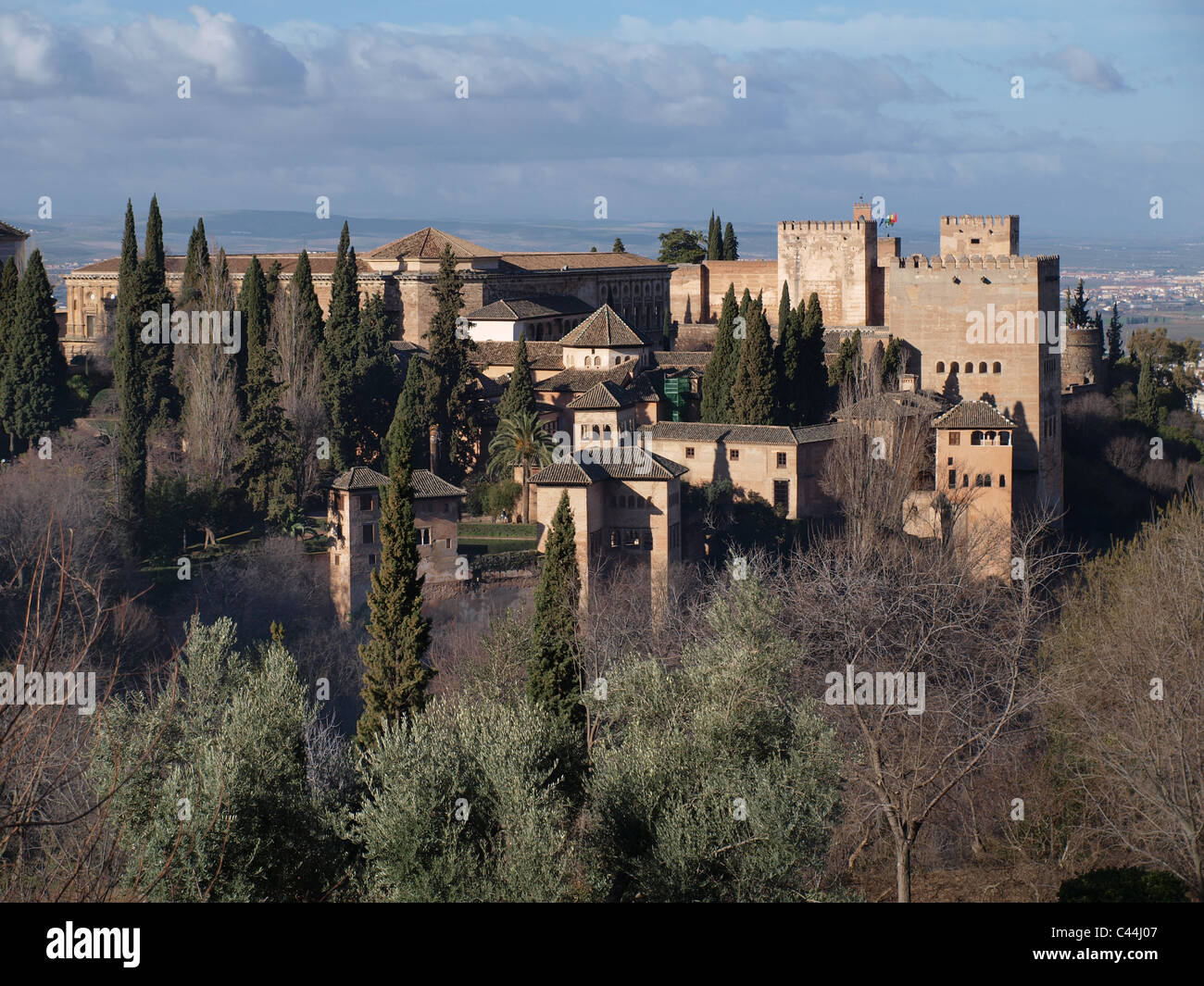 The gardens of the Alhambra, Granada, Spain overlooking the fortifications and Granada. Stock Photo
