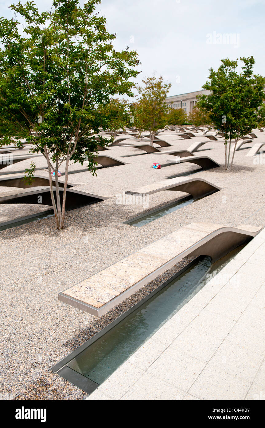 The Pentagon Memorial is in remembrance of the events of September 11, 2001, and the 184 people who died as victims of the terrorist attack on the Pentagon. The Memorial is adjacent to the southwest side of the Pentagon. Designed by Julie Beckman and Keith Kaseman, the memorial opened to the public on September 11, 2008, it is designed with one illuminated for each victim of the attack, arranged by the person's age. Each bench has a small pond of water underneath, and a name is etched on the end of each bench. Stock Photo