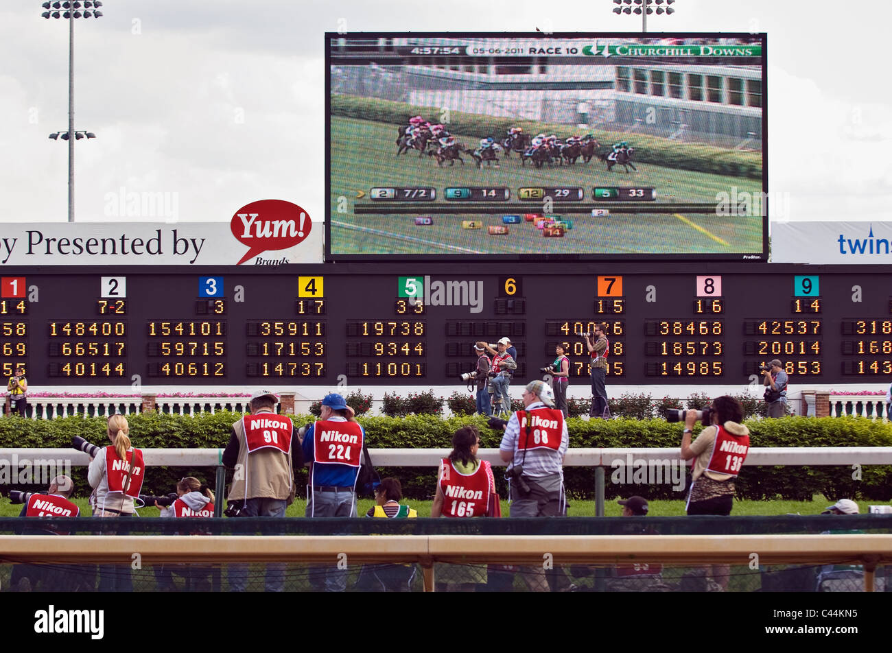Photographers Preparing to Photograph Horse Race as it Unfolds on a Giant Screen Above Them at Churchill Downs on Oaks Day Stock Photo