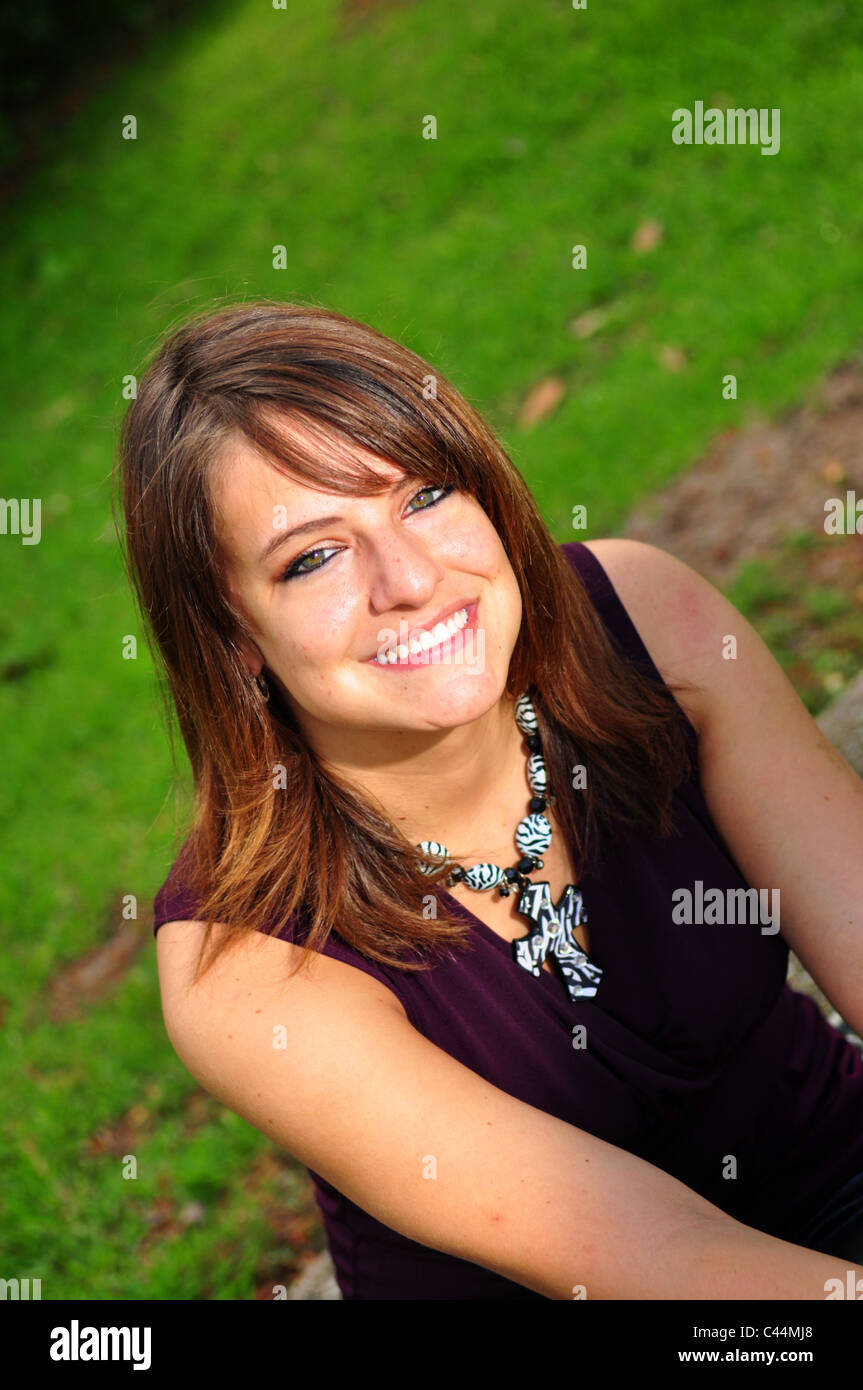 A pretty girl smiling out doors Stock Photo