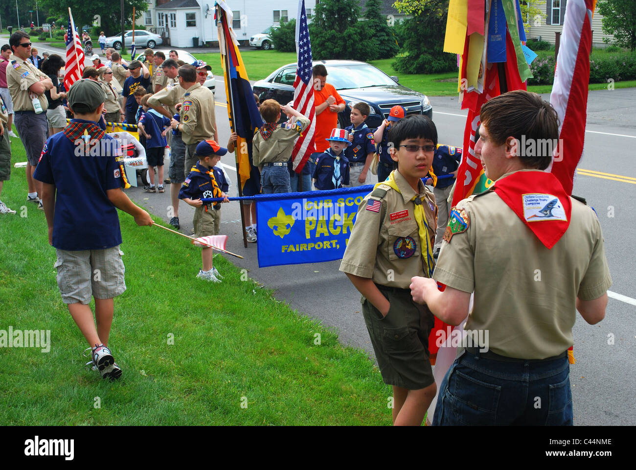 Scouts gather at the side of road. Stock Photo