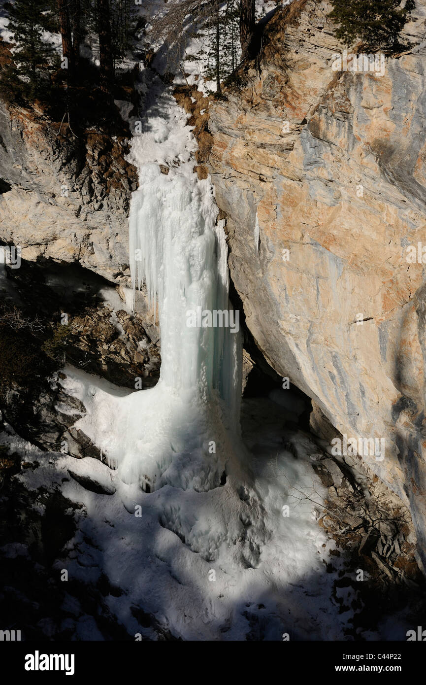 Icefall, ice, Rock face, winter near Avers Cresta, Avers, Canton Grisons, Alps, Switzerland Stock Photo