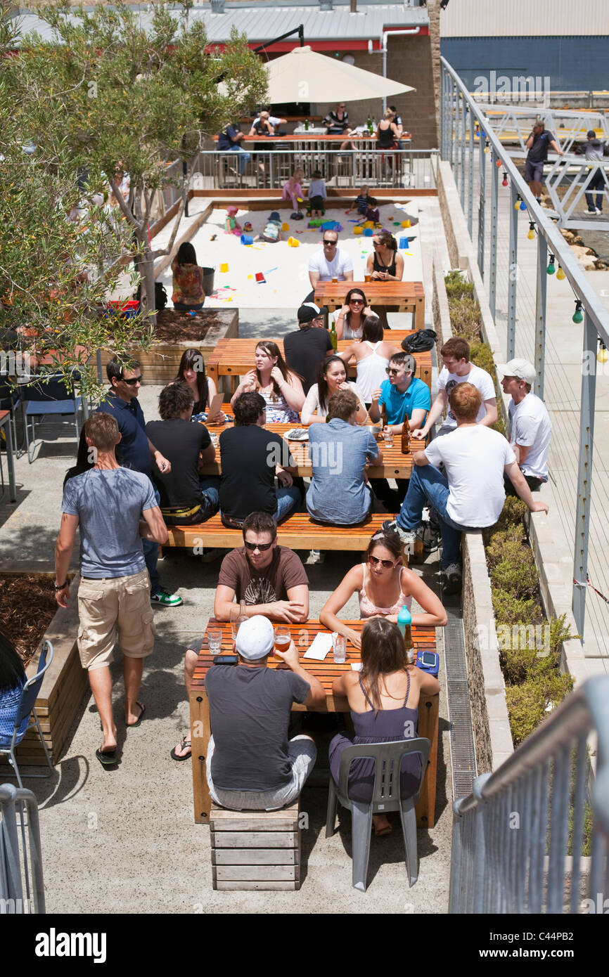 Drinkers at Little Creatures brewery at Fishing Boat Harbour. Fremantle, Western Australia, Australia Stock Photo