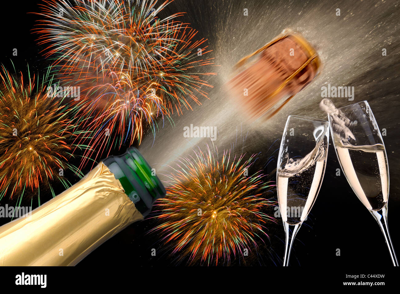 bottle champagne popping at new year party with firework Stock Photo ...