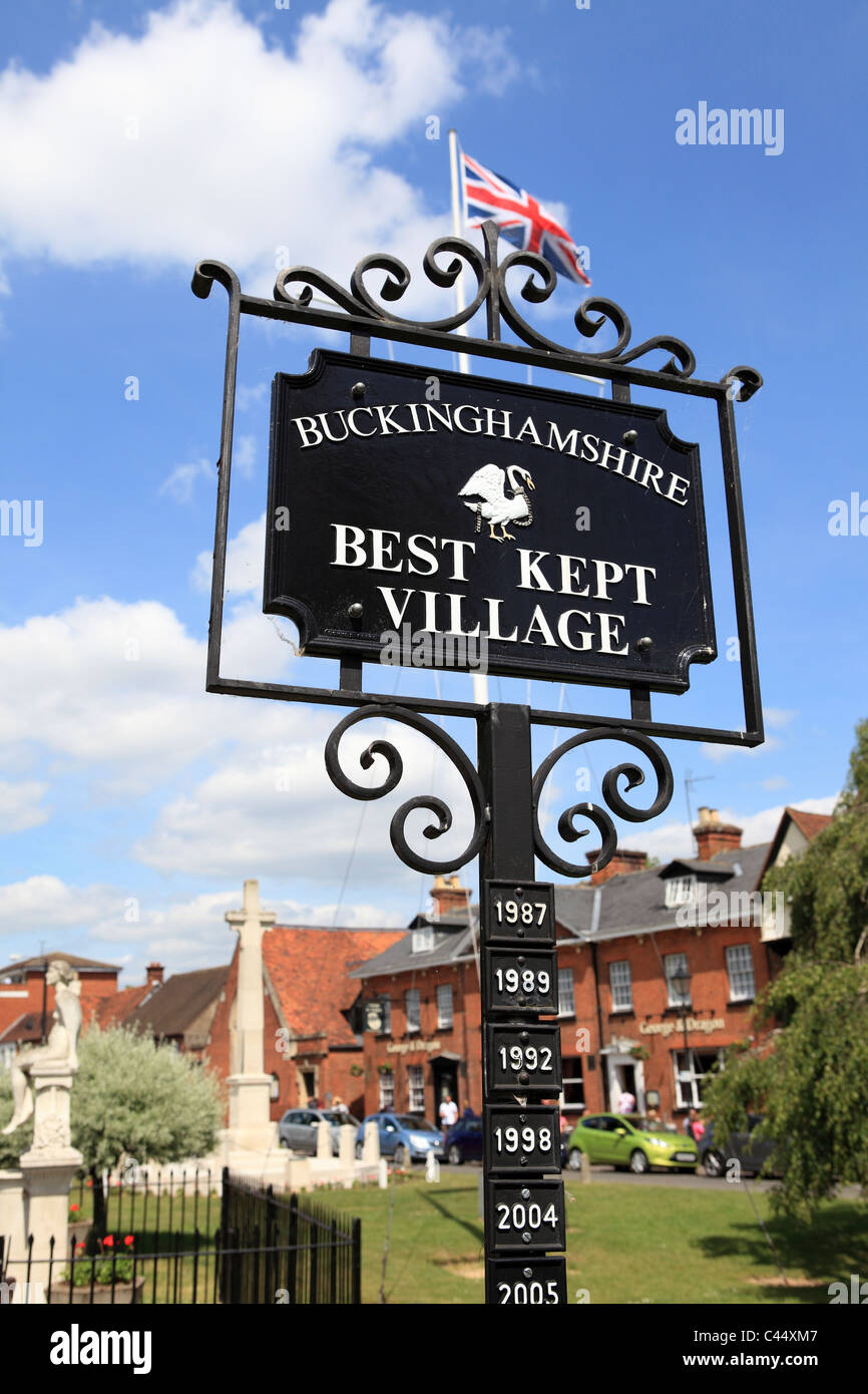 A sign on a village green in Marlow celebrates that this is Buckinghamshire's Best Kept Village. Stock Photo