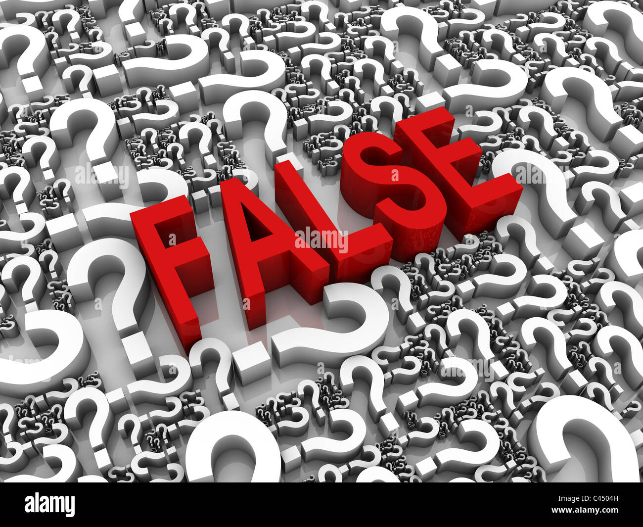'False' 3D text surrounded by question marks. Part of a series. Stock Photo