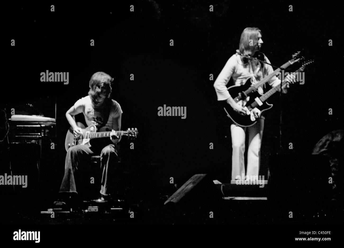 Steve Hackett and Mike Rutherford of the progressive rock band Genesis in Performance, 1975. Stock Photo