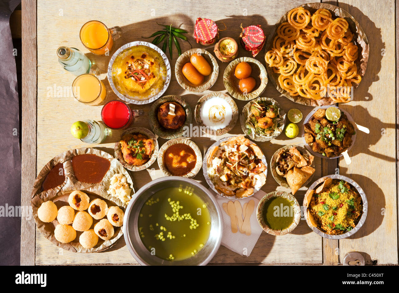 Assorted Indian fast food on table Stock Photo