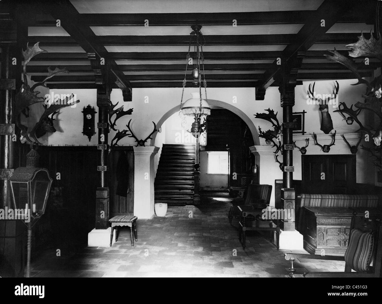 Hall with hunting trophies in the palace at Schoenhausen, 1933 Stock Photo