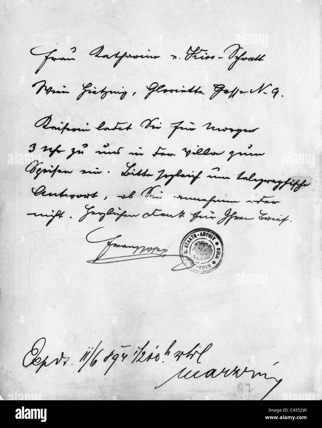 Letter of Emperor Franz Joseph I to his mistress, Katharina Schratt, 1894 Stock Photo