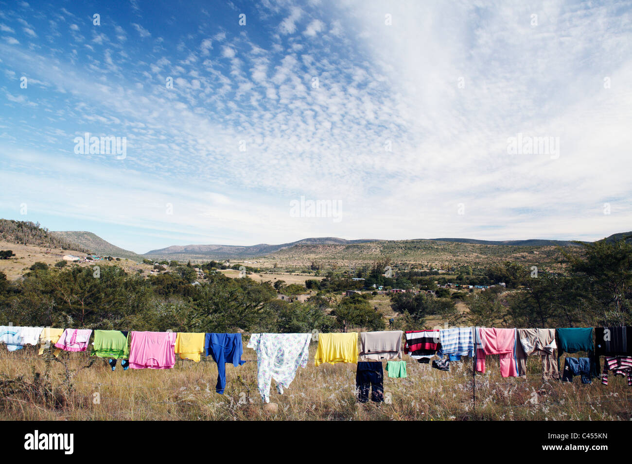 Washing on Fence in Rural Africa, nr Fort Beaufort, Eastern Cape, South Africa Stock Photo