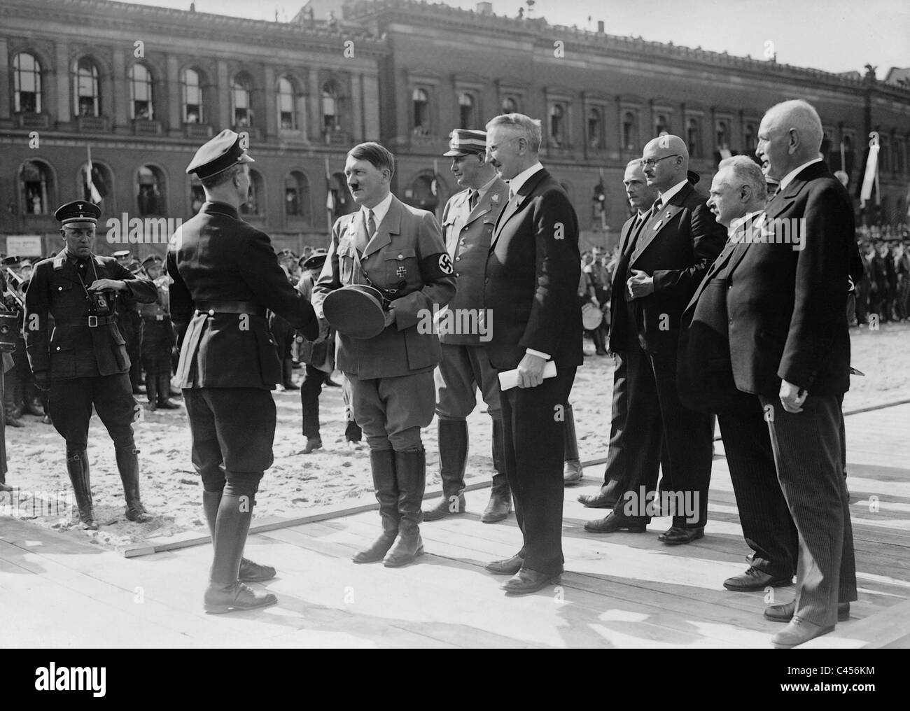 Adolf Hitler and Hjalmar Schacht at the groundbreaking ceremony of the new building of the Reichsbank, 1934 Stock Photo