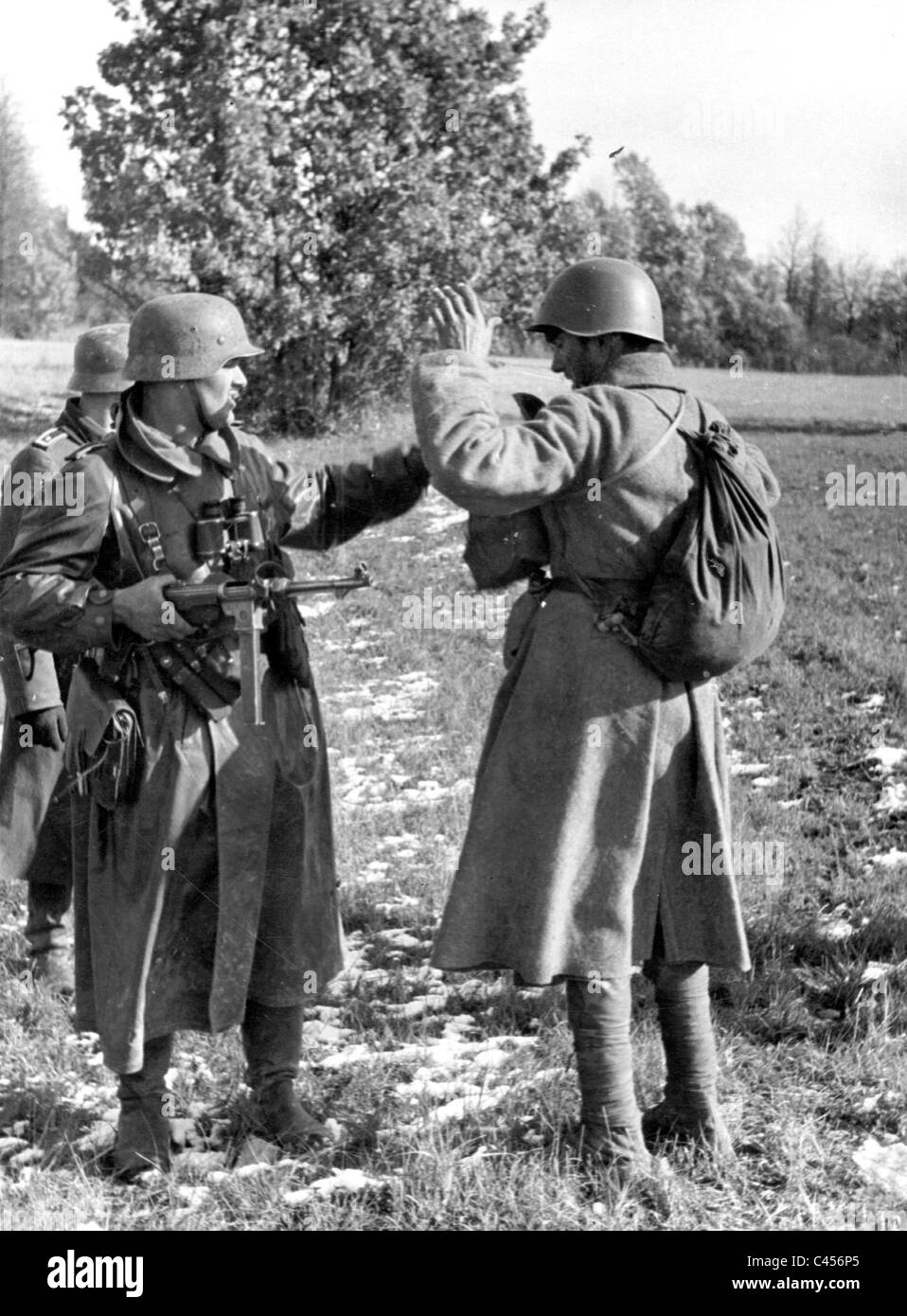 German soldier captures a Russian infantry, 1941 Stock Photo