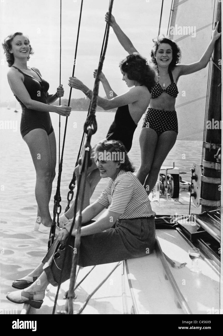 Four women on a sailing ship, 1940 Stock Photo