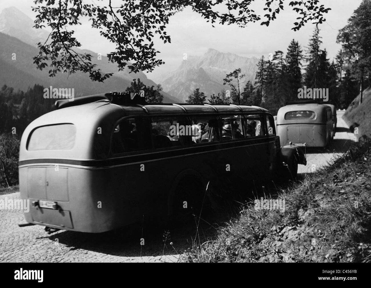 Buses on the German Alpine Road, 1935 Stock Photo