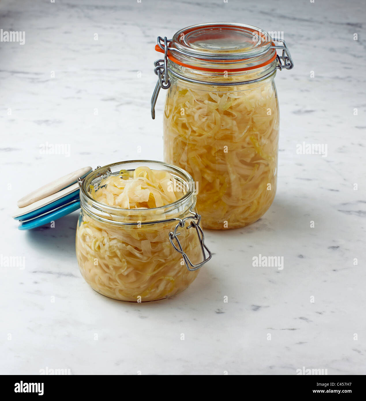 Sauerkraut in jar, close-up Stock Photo