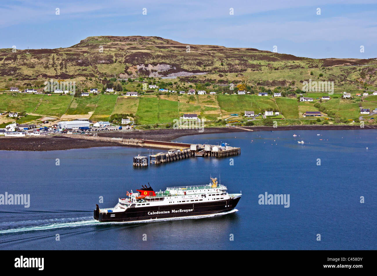 Caledonian MacBrayne car ferry Hebrides is approaching the pier in Uig on the Isle of Skye Scotland Stock Photo