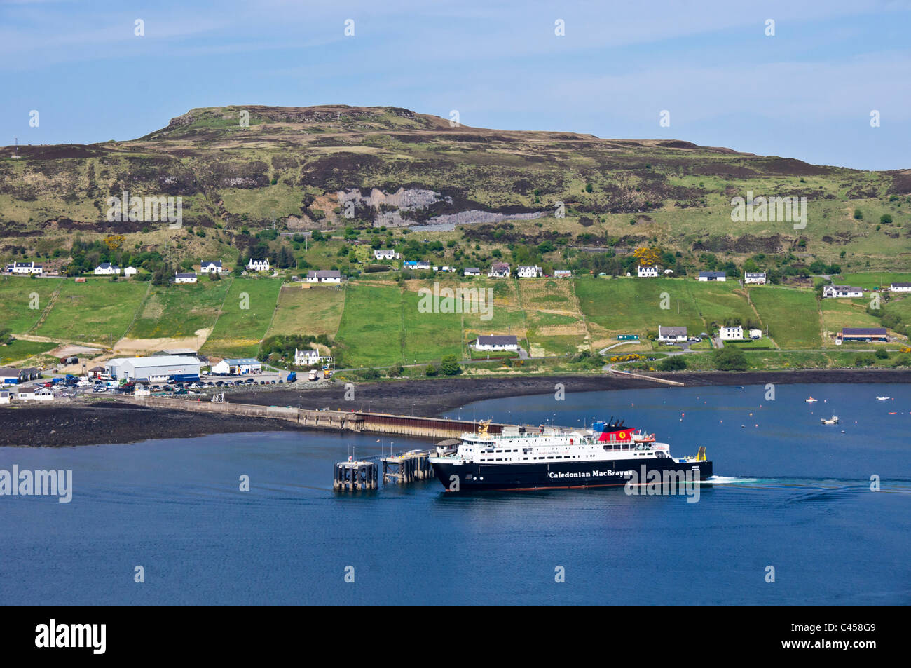 Caledonian MacBrayne car ferry Hebrides is approaching the pier in Uig on the Isle of Skye Scotland Stock Photo