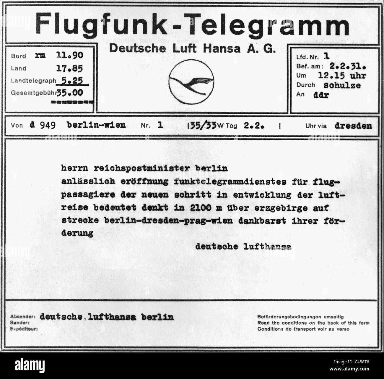 Aeronautical radio telegram, 1931 Stock Photo