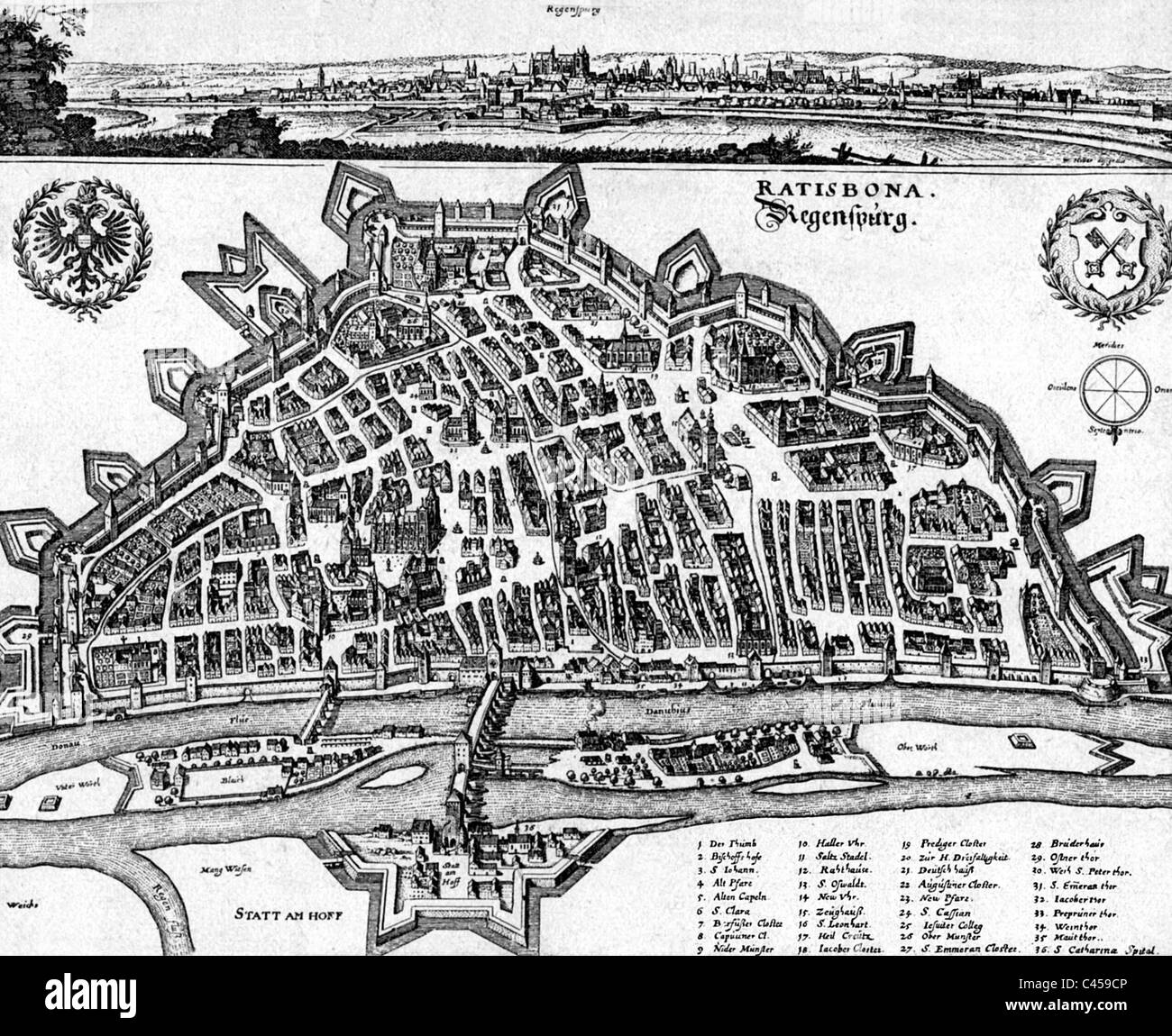 Ground plan and panorama of the city of Regensburg, 1645 Stock Photo
