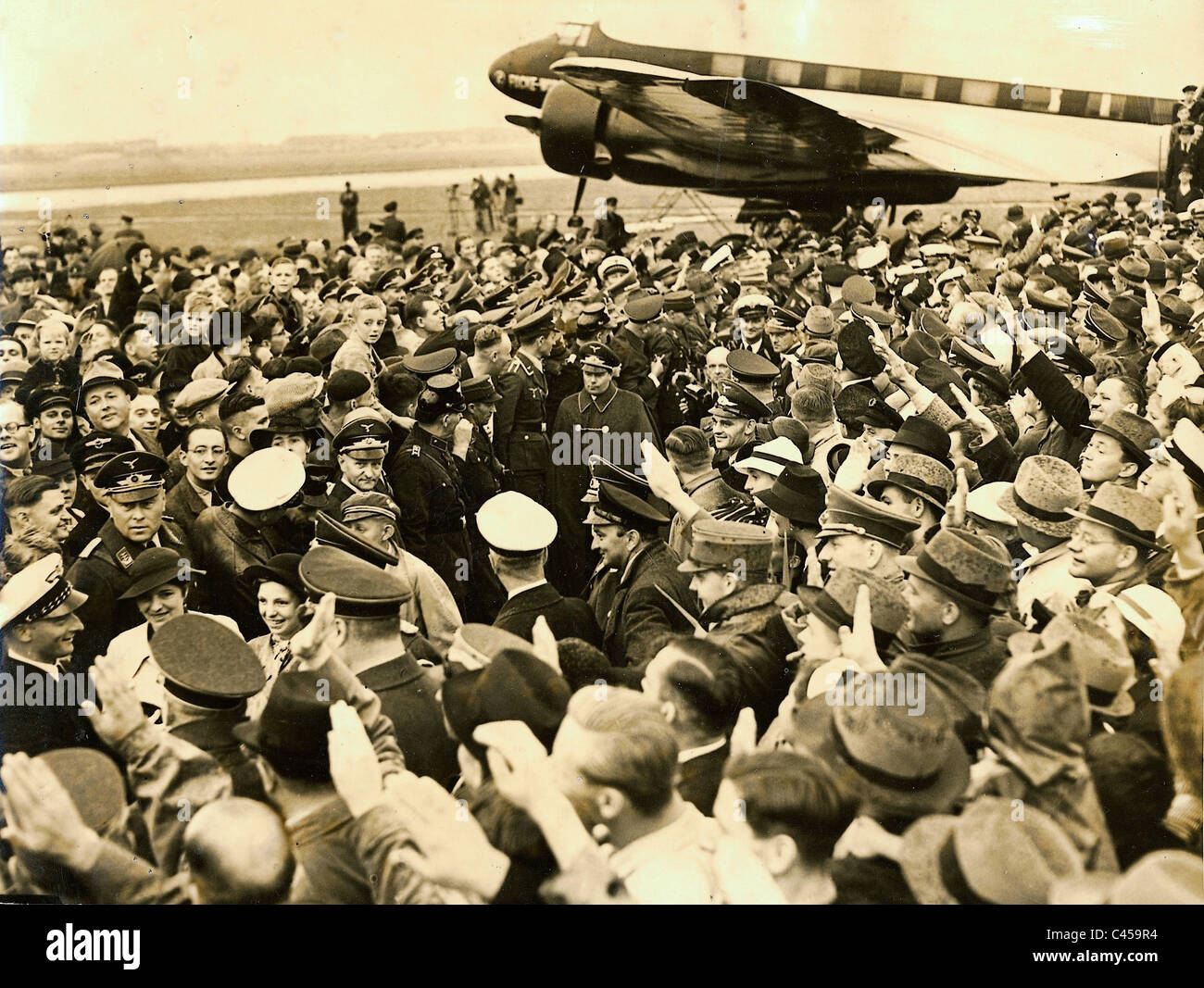 Ernst Udet welcomes Transatlantic plane, 1938 Stock Photo