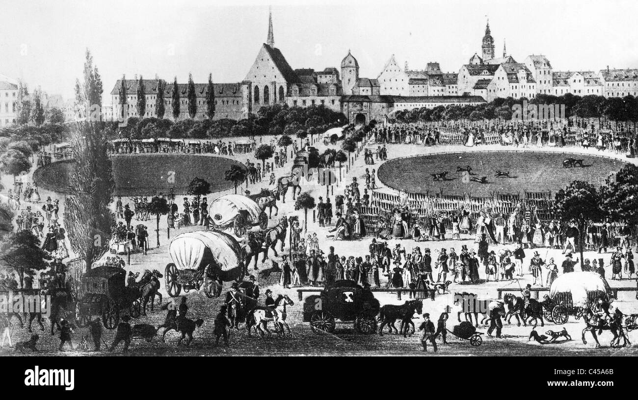 Exhibition traffic before the city of Leipzig, 1850 Stock Photo