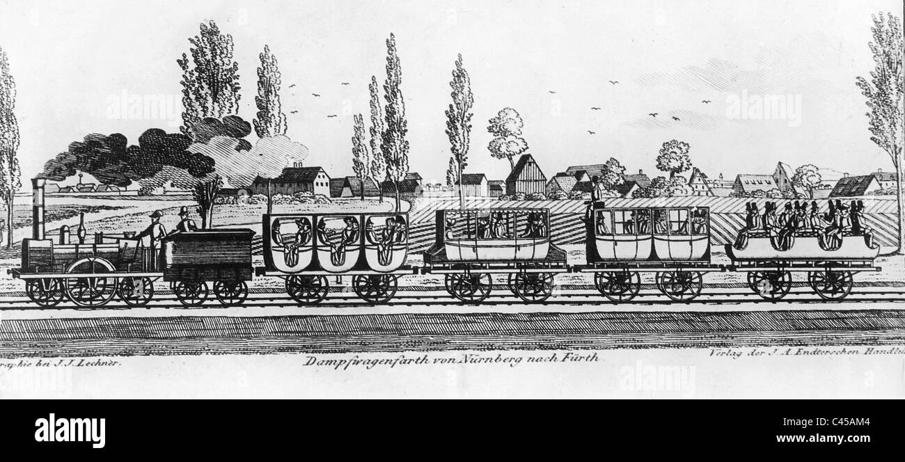 First German railway between Nuremberg and Fuerth, 1835 Stock Photo