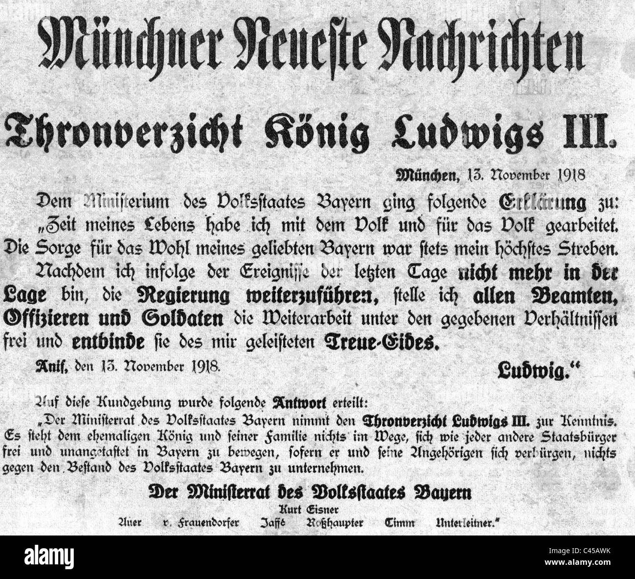 Abdication of King Ludwig III, 1918 Stock Photo