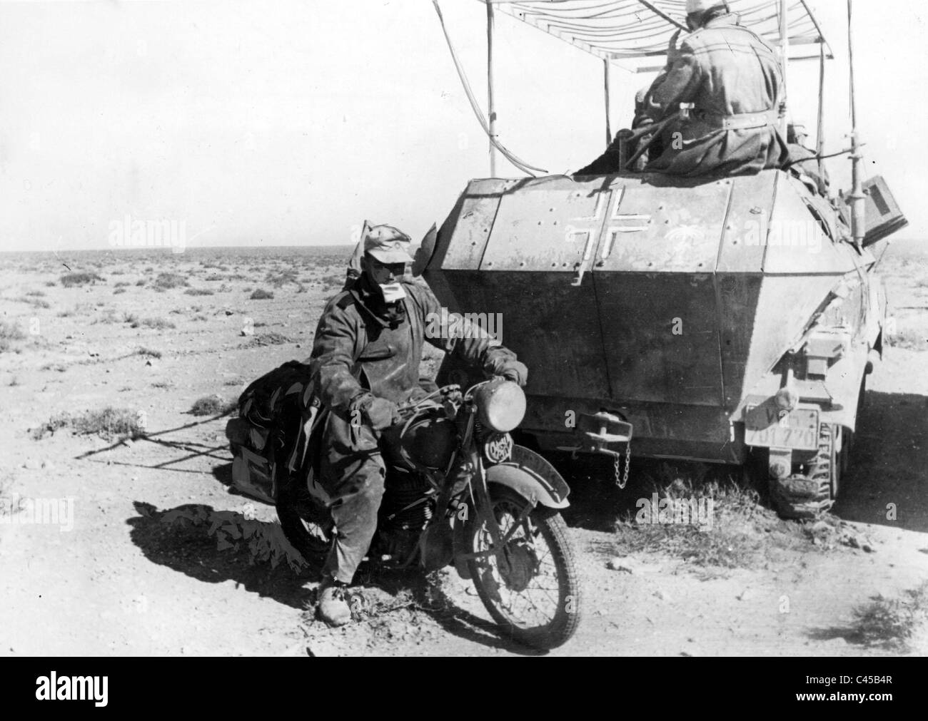 Nazi German motorcycle dispatcher at a communications station in Libya, 1942 Stock Photo