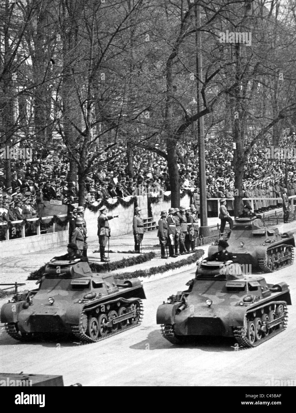 Adolf Hitler inspects a tank parade on his birthday, 1936 Stock Photo