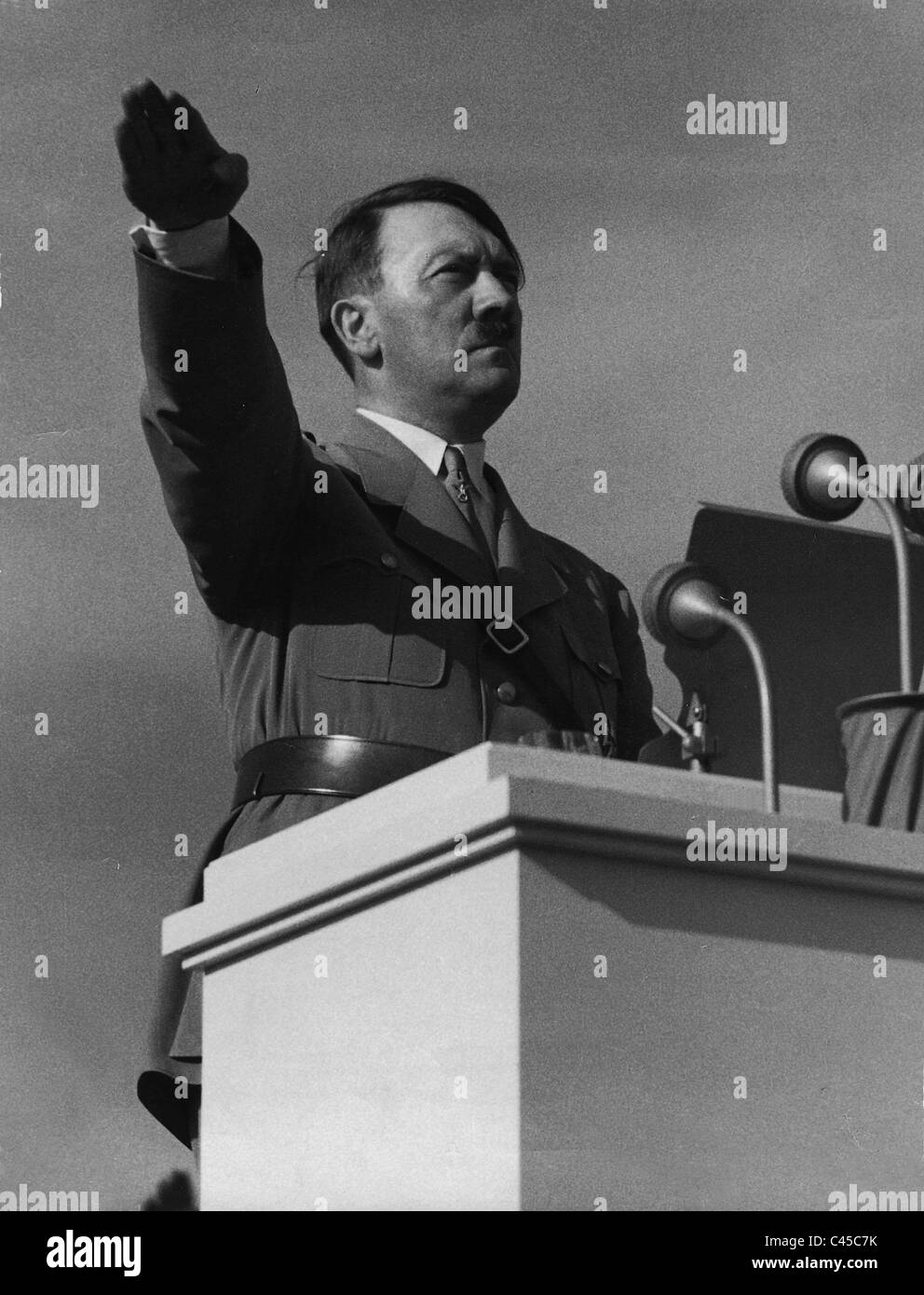 Adolf Hitler with Nazi salute on the Nuremberg Rally (Reich national par Stock Photo