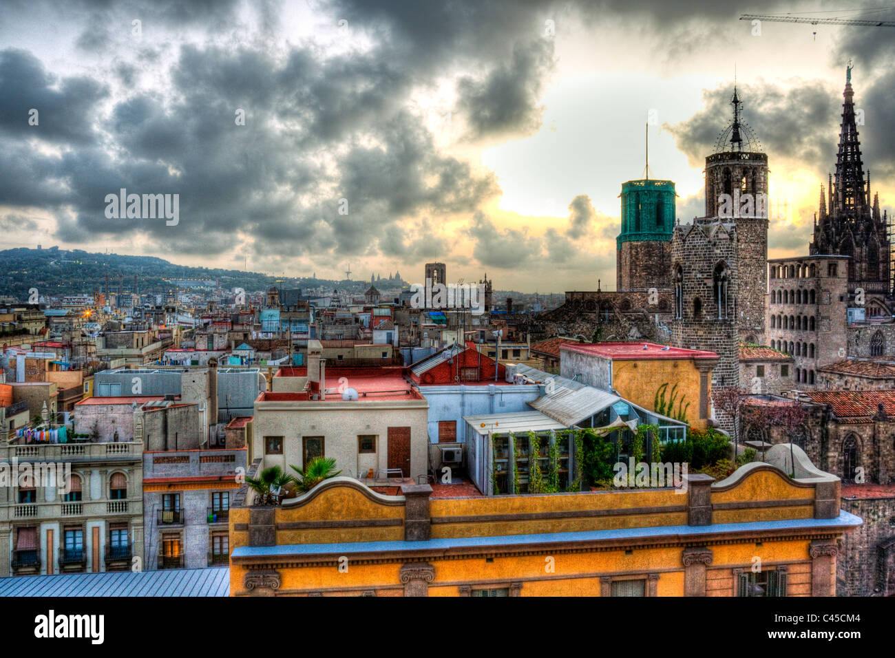 Barcelona, Spain, rooftop view across the city skyline HDR enhanced