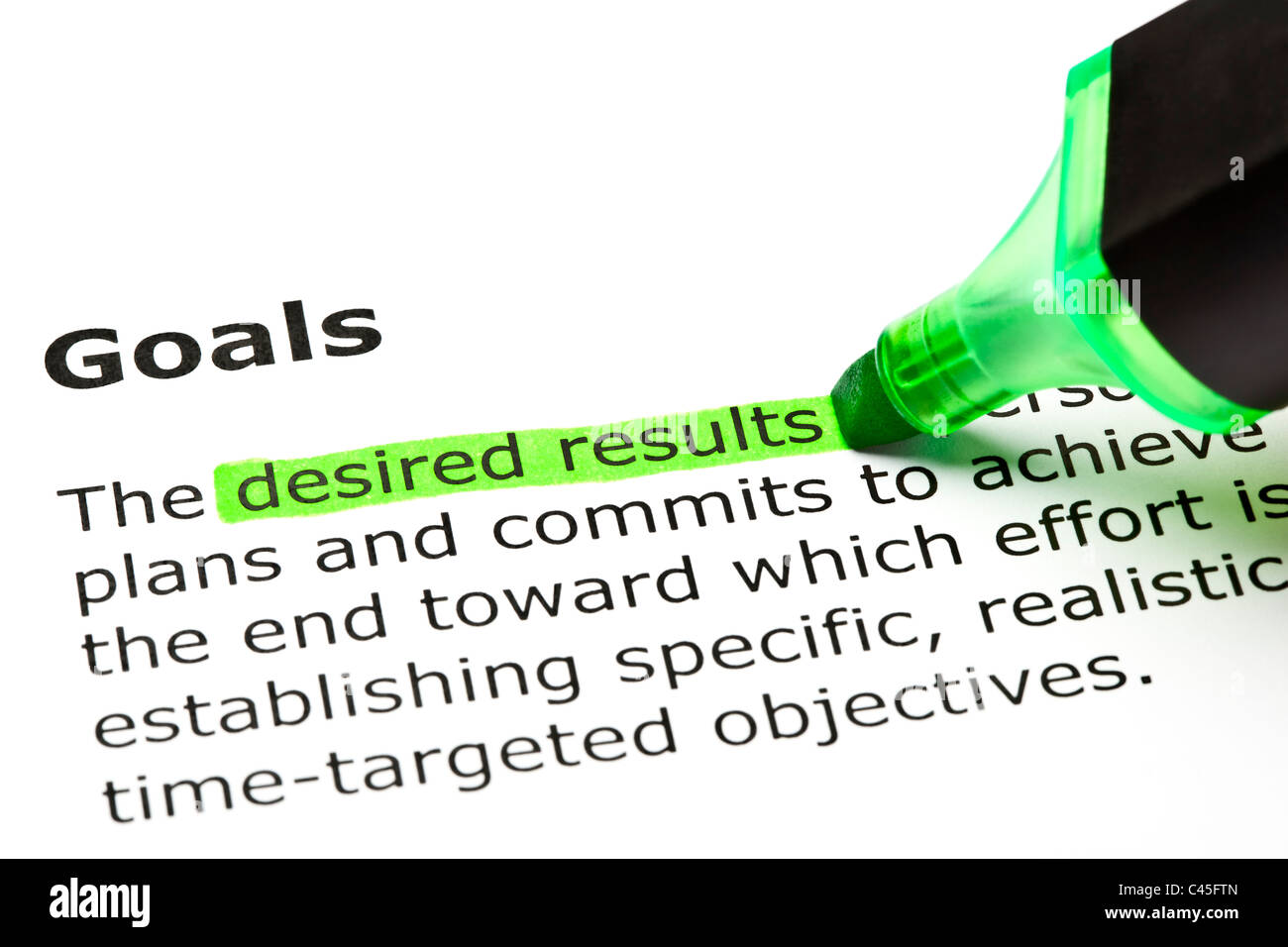 'Desired results' highlighted in green, under the heading 'Goals' Stock Photo