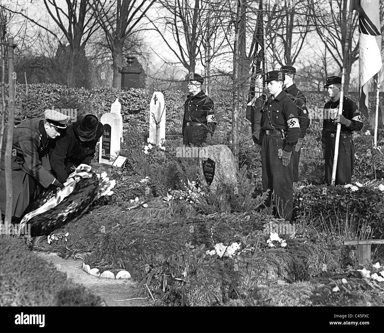 Wreathe laying on the grave of a deceased Hitler Youth member Stock Photo