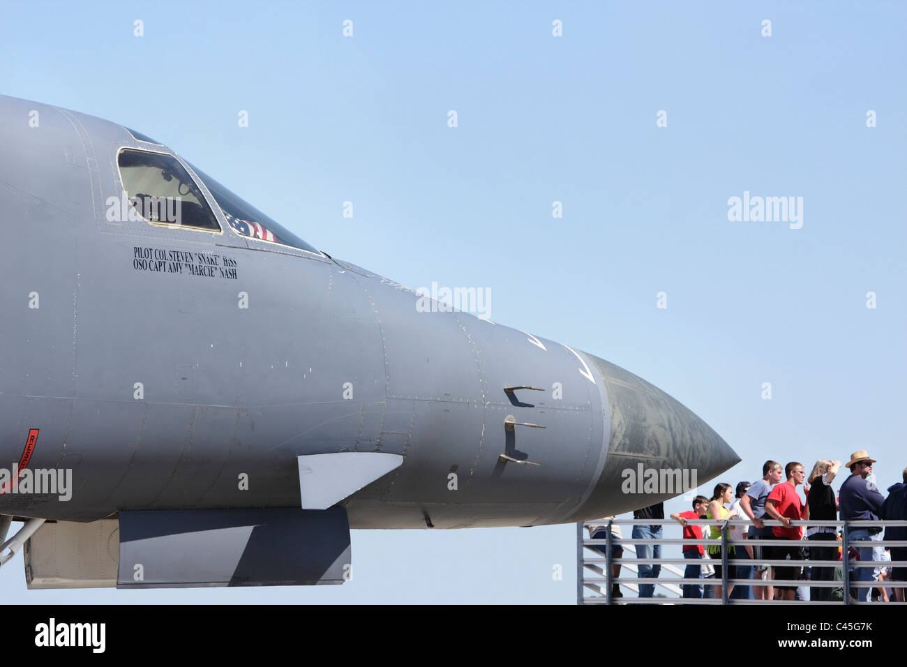A U.S. Air Force B-1 Bomber looms over spectators at an air show, Seymour Johnson Air Force Base, Goldsboro, North Carolina, USA Stock Photo