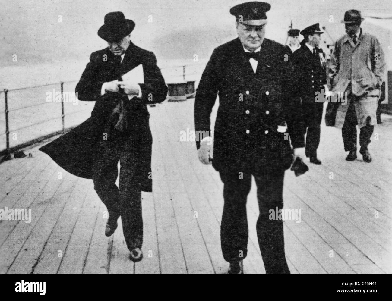 Winston Churchill on the deck of the 'Augusta', 1941 Stock Photo