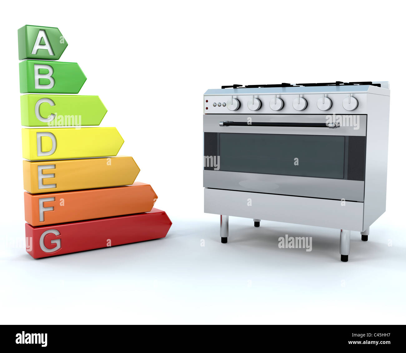 3D Render of a Range Cooker and Energy Ratings Stock Photo Alamy