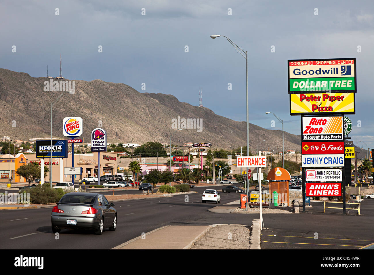 Road with fast food and mall signs El Paso Texas USA Stock Photo