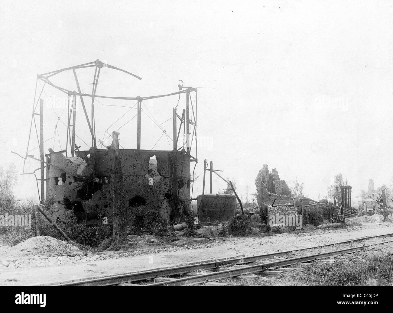 Bullet-ridden gas institution near Langemark, 1917 Stock Photo - Alamy