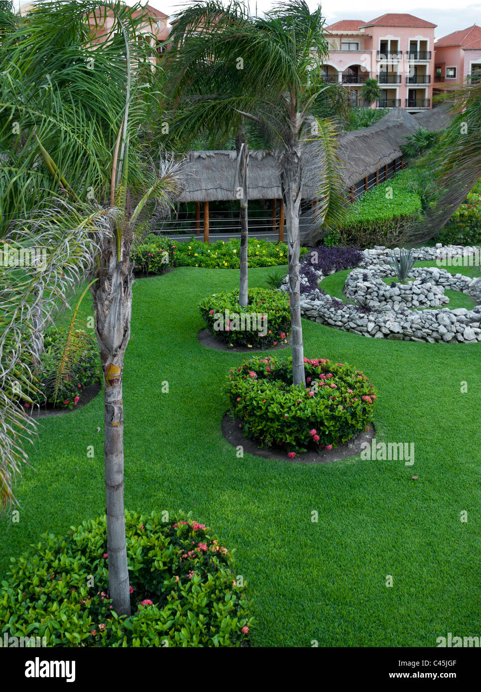 Beautiful landscaping at a vacation resort on the Mayan Riviera of the Yucatan Peninsula, Mexico in the western Caribbean Stock Photo